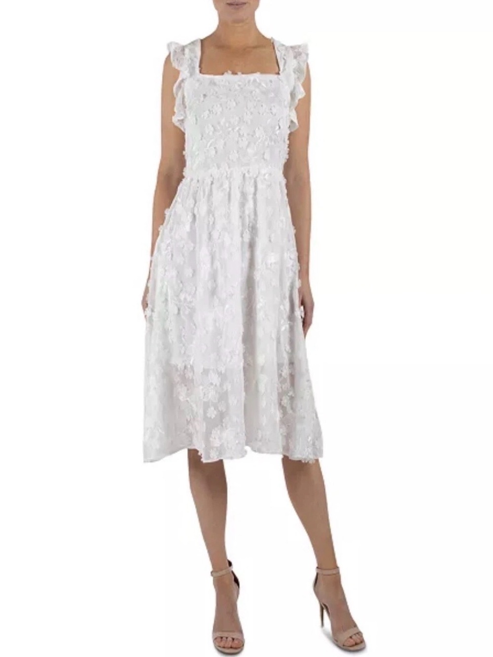 JULIA JORDAN Womens Ivory Flowered Appliqué Flutter Sleeve Fit + Flare Dress 10
